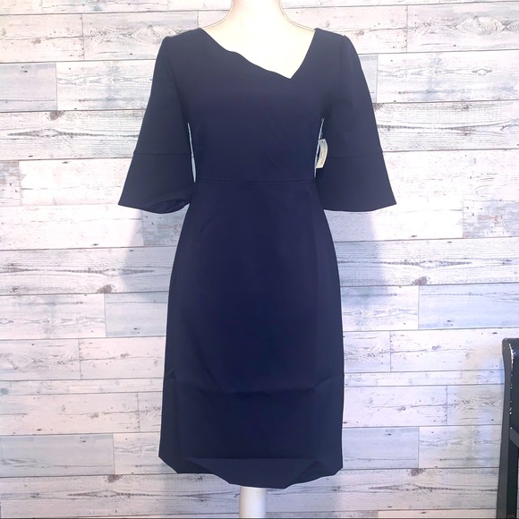 Lark & Ro Dresses & Skirts - Asymmetric neckline navy blue sheath dress